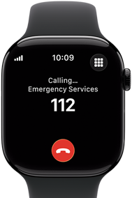 Apple Watch Series 11, aluminum jet black case, emergency call to 911 on screen, right side exterior: Digital Crown, black Sport Band
