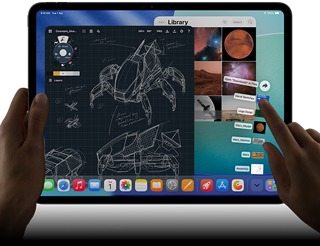 iPad Pro, space black color, left hand holding device, right hand pointing gesturing to manipulate multiple open app windows, a drawing app with sketches of mechanical designs, photos library of planets and space images, downloads folder files fanned out