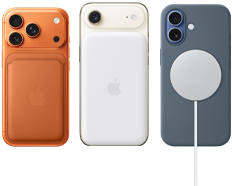 iPhone 17 Pro, back exterior, [O7] color, with Silicone Case in Sienna color and FineWoven Wallet with MagSafe in Fox Orange color; iPhone Air, back exterior, Cloud White color, with Magsafe Battery; iPhone 17, back exterior, Mist Blue color, with Silicone Case in Anchor Blue color and MagSafe Charger