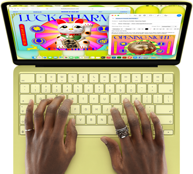 MacBook Neo, citrus color, hands on keyboard, user is composing an email invitation to the opening of an art exhibit, website for the event open alongside