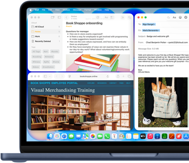 MacBook Neo, indigo color, screen shows composing a welcome email to new employee of bookstore, other tiled windows contain Notes doc about onboarding and bookstore's employee portal website in Safari